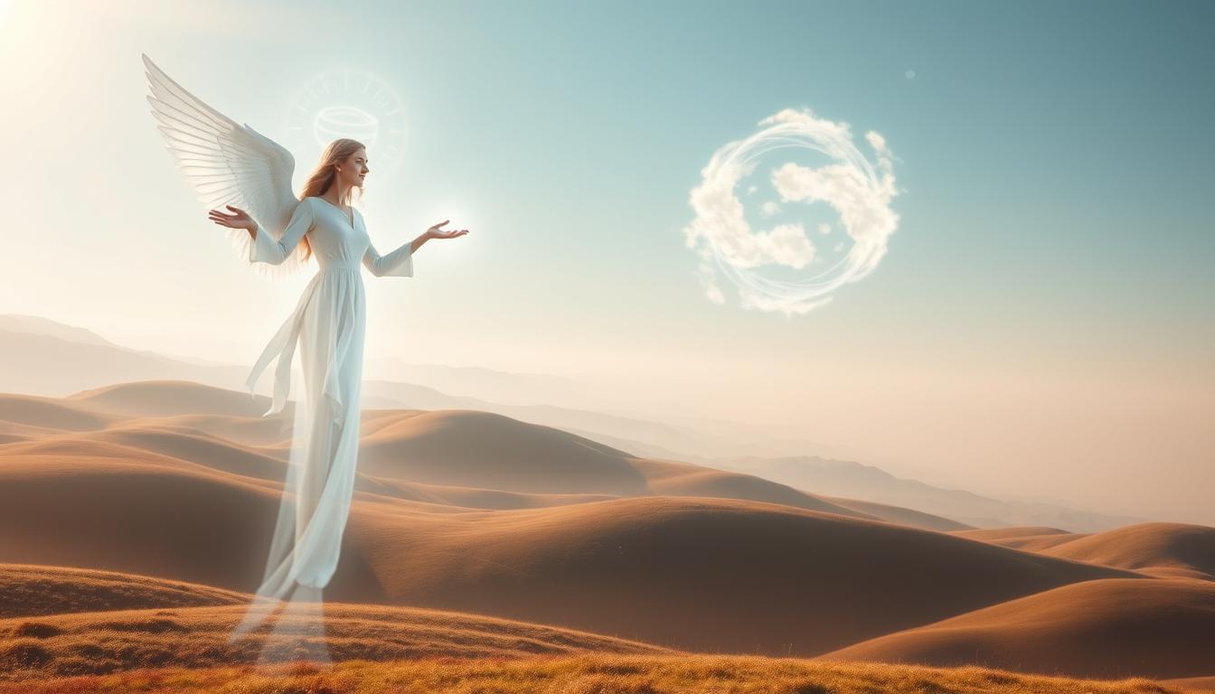 A serene, ethereal landscape of rolling hills and a soft, glowing sky. In the foreground, a divine figure with radiant wings, an expression of tranquility, extends a welcoming hand. Beams of celestial light emanate from the angelic being, illuminating the scene. In the middle ground, wisps of cloud-like energy swirl and converge, creating a sense of mystical connection. The background features a hazy, dreamlike horizon, with subtle hints of celestial bodies visible. The overall mood is one of spiritual enlightenment, inner peace, and communion with the divine.