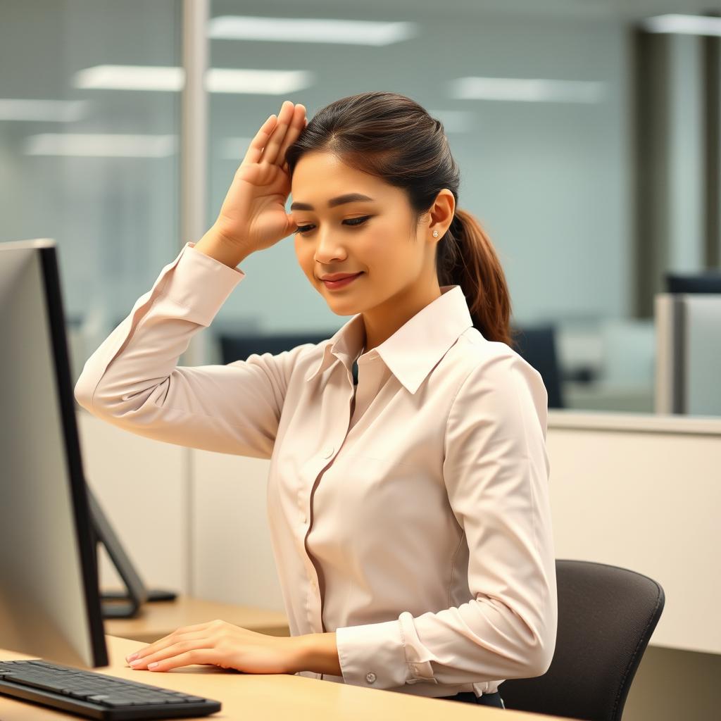 Pessoa fazendo exercícios de alongamento no escritório como parte do autocuidado para todos