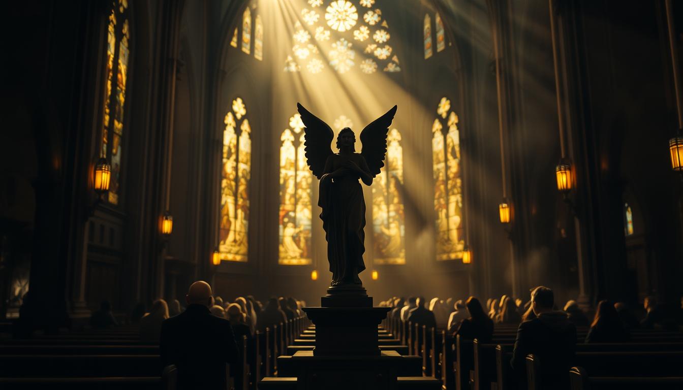 A dimly lit cathedral interior, with stained glass windows casting a warm, ethereal glow. In the foreground, a statue of an angel stands tall, wings outstretched, as worshippers kneel in prayer before it. The middle ground is filled with rows of wooden pews, their occupants lost in silent contemplation. The background is a play of shadows and highlights, creating a sense of depth and mystery. The lighting is soft and atmospheric, with hints of candle flickering and incense swirling. The overall mood is one of reverence, solemnity, and a deep connection to the divine.