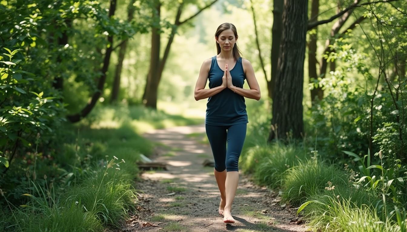 Pessoa praticando caminhada meditativa em trilha natural com postura consciente
