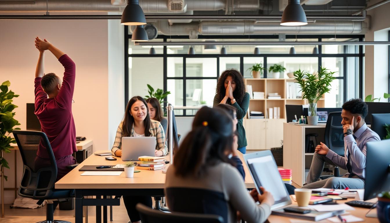 Profissionais praticando autocuidado para todos no ambiente de trabalho
