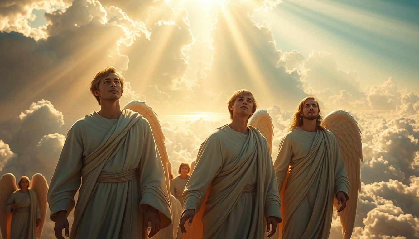 A stunning vista of a celestial realm, where angelic figures with chiseled features and serene expressions float effortlessly against a backdrop of swirling, ethereal clouds. Rays of warm, golden light filter through, casting a heavenly glow upon the scene. In the foreground, three prominent male angels stand tall, their elegant robes billowing gently as they gaze upwards with an air of wisdom and tranquility. Their faces exhibit a harmonious blend of strength and compassion, embodying the essence of their divine nature. The middle ground features a chorus of additional angelic entities, their forms subtly blended into the luminous atmosphere. In the distance, the horizon is marked by a shimmering, otherworldly horizon, hinting at the boundless realms beyond.