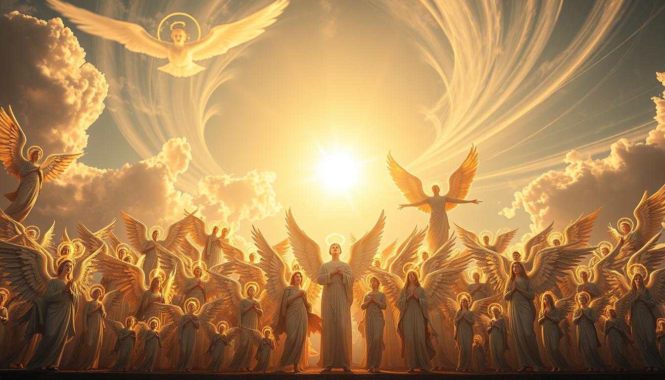 Nomes dos Anjos: Entenda o Significado
A majestic celestial hierarchy soars against a glowing, ethereal backdrop. In the foreground, a grand procession of radiant angelic beings - seraphim, cherubim, thrones, dominions, virtues, powers, principalities, archangels, and angels - each with distinct roles and attributes, their forms swathed in shimmering robes and crowned with halos of divine light. Towering archangels stand watch, their wings spread wide, as the celestial choir lifts their voices in heavenly chorus. In the distant background, wispy clouds part to reveal a luminous, golden-hued sky, evoking a sense of transcendent wonder and divine majesty. Capture the essence of the celestial hierarchy in a masterful, photorealistic rendering.