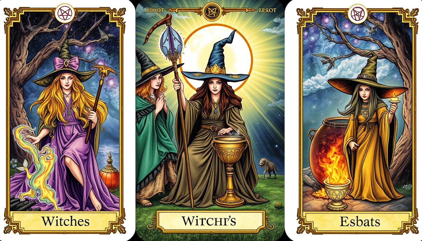 Cartas do Tarô das Bruxas com personagens e símbolos da bruxaria moderna em cenários naturais.