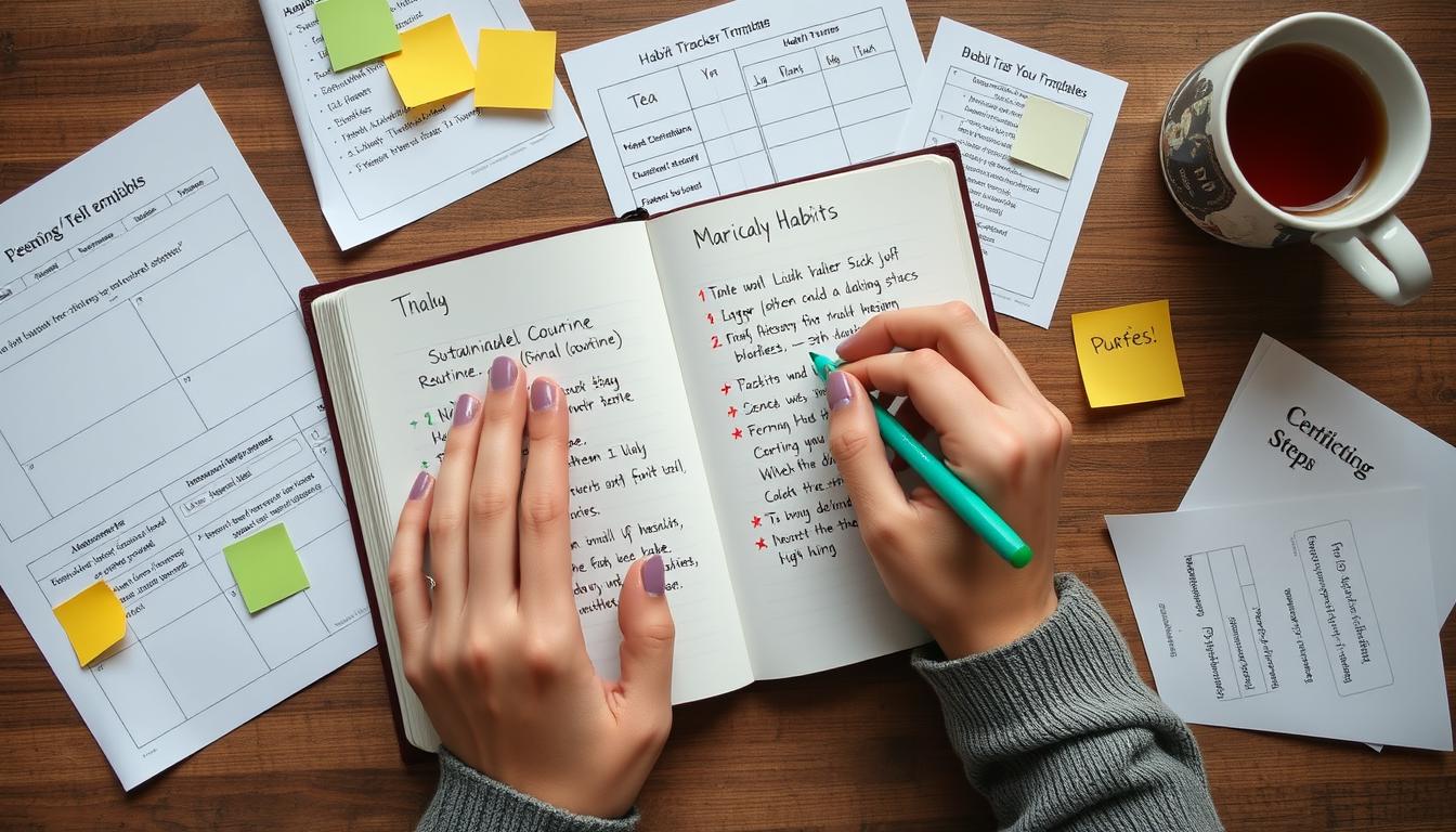 Pessoa planejando rotinas em um caderno com pequenos passos graduais