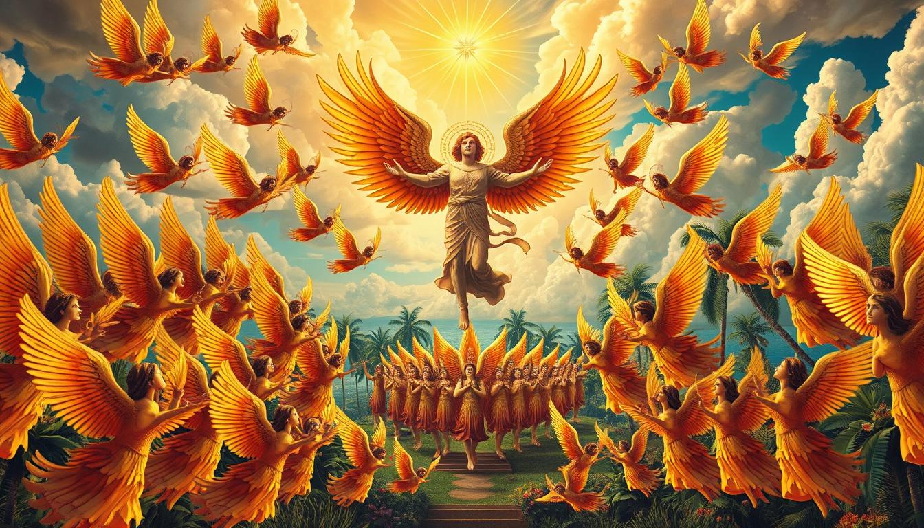 An elaborate celestial scene depicting the angelic hierarchy in the vibrant, colorful style of Brazilian folk art. In the foreground, an array of angels in intricate, feathered robes in a spectrum of warm hues soar gracefully, their wings outstretched. In the middle ground, a central figure - a radiant, gilded archangel - stands tall, surrounded by a choir of cherubim and seraphim in an exuberant, almost carnival-like display. In the background, a lush, tropical landscape with palm trees and exotic flora frames the heavenly assembly, bathed in a soft, golden light. The overall composition conveys a sense of reverence, mysticism, and the vibrant cultural heritage of Brazil.