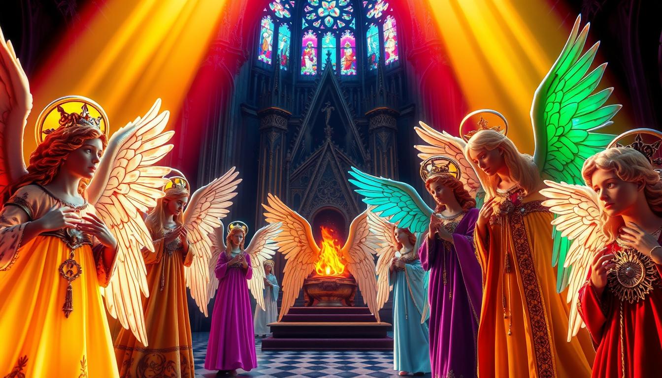 A vibrant, photorealistic depiction of angels from diverse religious traditions, captured in a meticulously crafted scene. In the foreground, angelic figures with delicate features and ethereal, glowing wings, each adorned with unique cultural symbols and iconography. In the middle ground, a serene, contemplative atmosphere, with rays of warm, diffused light filtering through stained glass windows. In the background, a grand, ornate cathedral or temple, its architecture reflecting the architectural styles of various faiths. The overall composition conveys a sense of harmony, spirituality, and the universal reverence for celestial beings across belief systems.