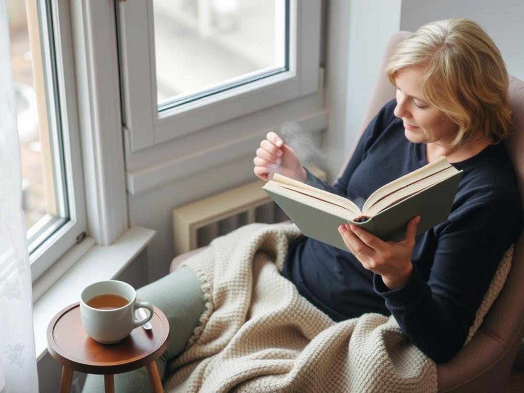 Pessoa desfrutando momento tranquilo com livro e chá, sem distrações digitais