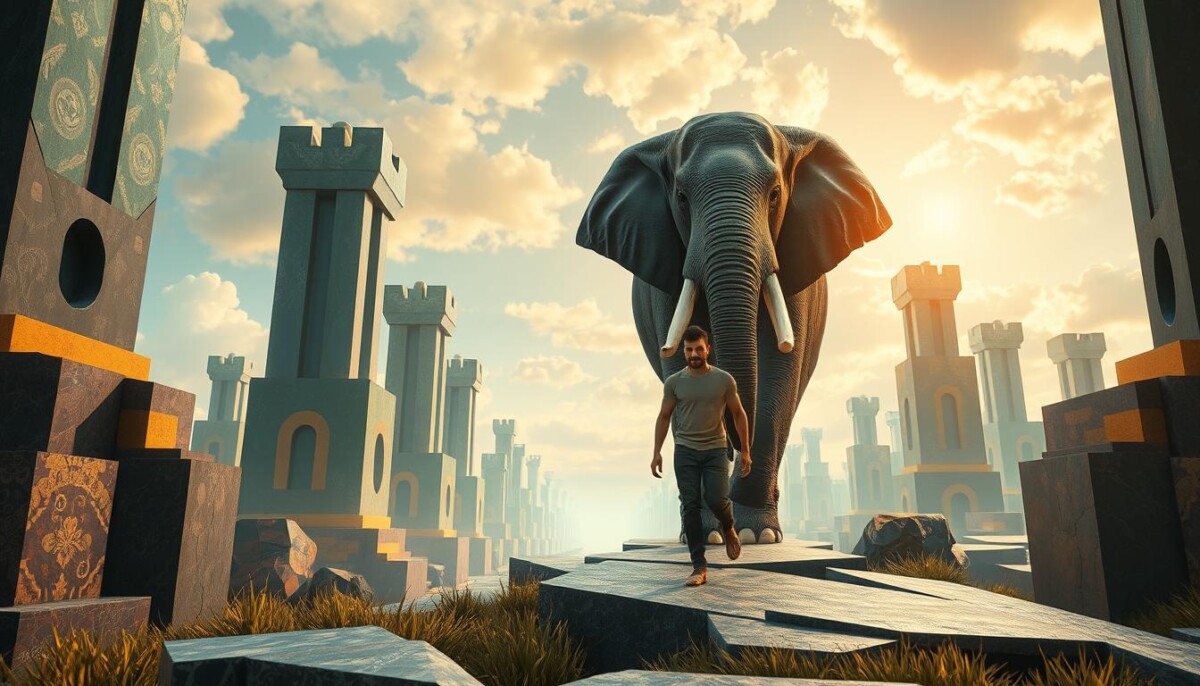 obstáculos enfrentados com a ajuda do elefante