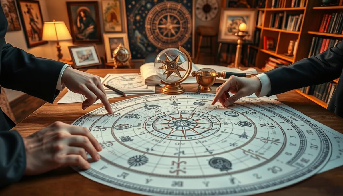 A beautifully detailed astrological interpretation scene featuring a large, intricate astrological chart spread on a wooden table in the foreground. A pair of hands, dressed in professional business attire, gently points at specific zodiac signs on the chart, reflecting deep concentration and engagement. In the middle ground, various astrology tools such as a compass, crystal sphere, and star maps are arranged artistically, hinting at a blend of tradition and modern interpretation. The background shows a soft, warmly lit room adorned with astrological art and shelves filled with books on astrology, creating a cozy yet scholarly atmosphere. The overall mood is insightful and mystical, ideal for capturing the essence of astrological interpretation.