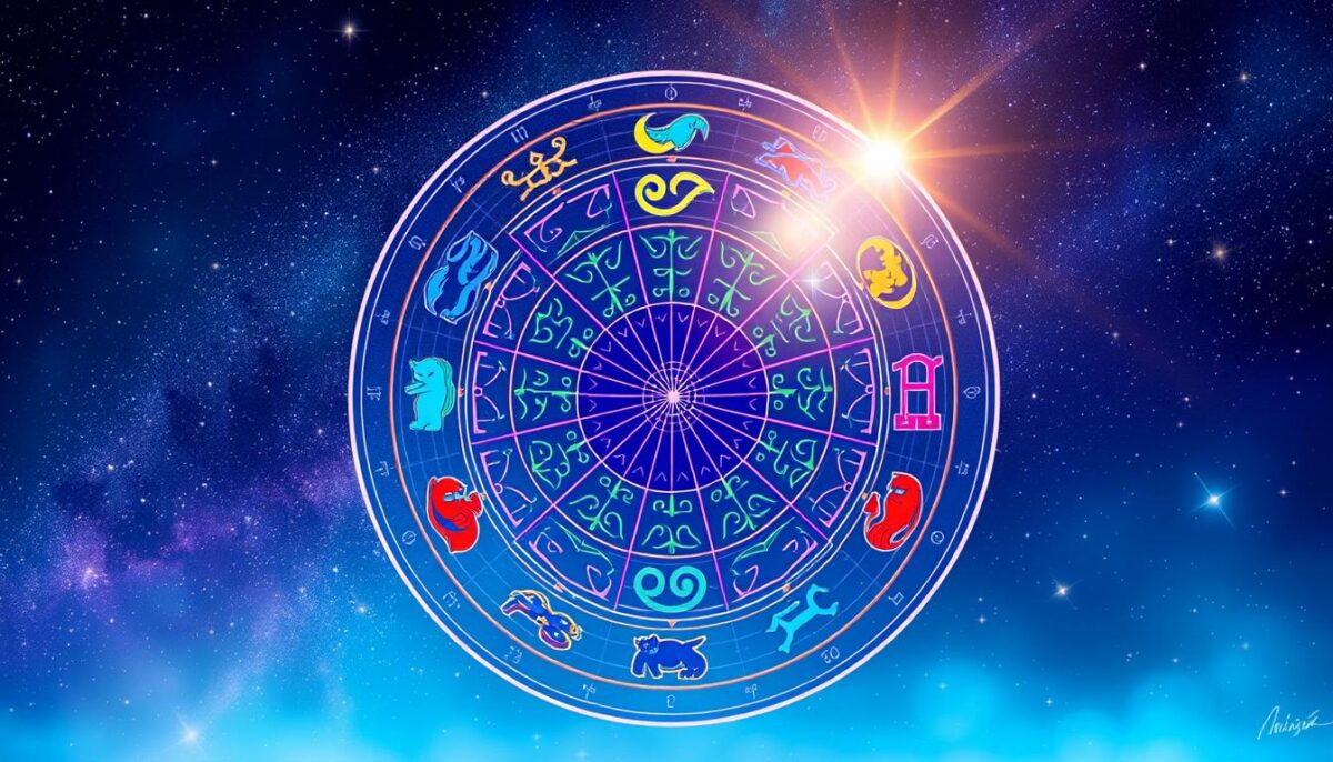 A beautifully detailed illustration of astrological houses, featuring a circular zodiac wheel at the center. In the foreground, the twelve houses are intricately decorated with astrological symbols and colorful astrological signs. The colors transition smoothly from vibrant blues to deep purples, creating a celestial ambiance. In the middle, subtle celestial patterns like stars and constellations weave through the houses, adding depth. The background showcases a cosmic sky filled with twinkling stars and distant galaxies, enhancing the mysterious feel of astrology. Soft, ethereal lighting casts a gentle glow over the scene, with a lens flare effect to evoke a mystical atmosphere. The image should be captivating and informative, perfect for illustrating the significance of astrological houses in Western astrology.