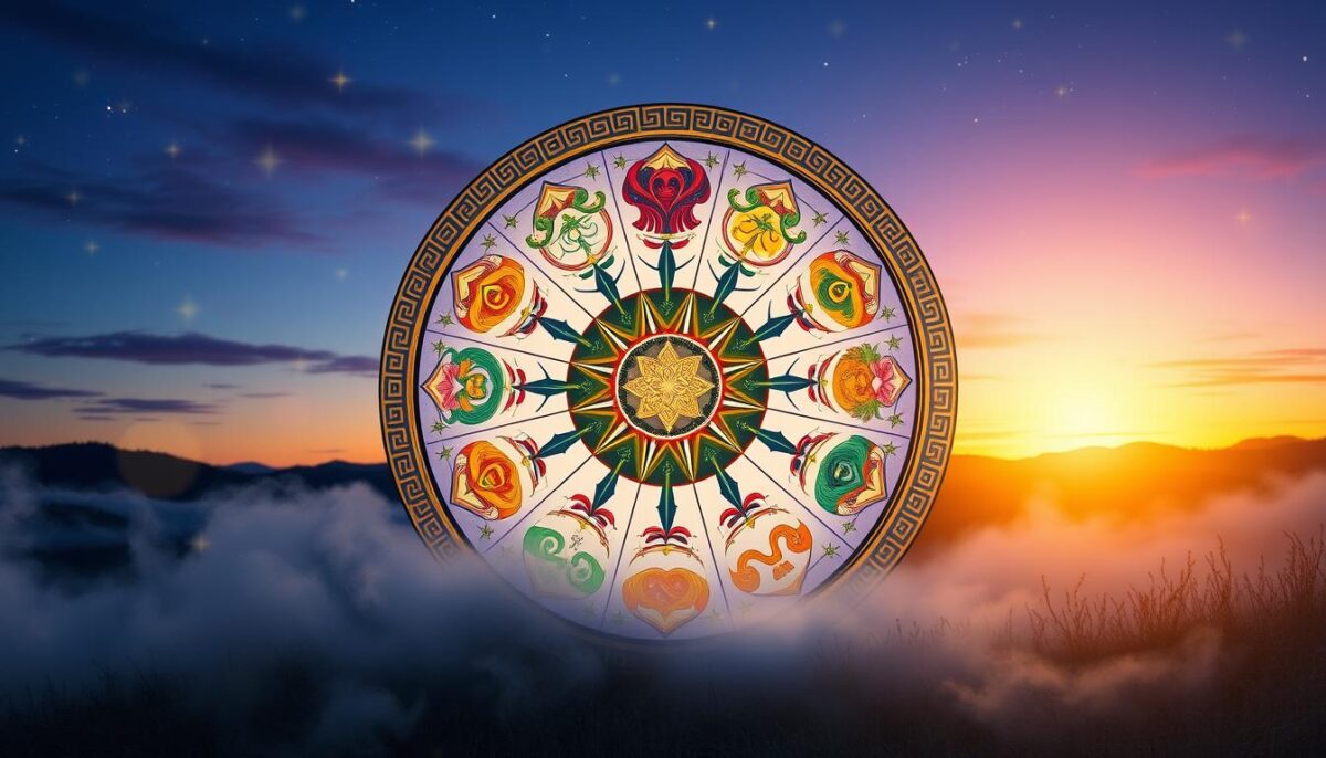 A beautifully illustrated Celtic horoscope wheel as the central focus, showcasing the twelve Celtic tree signs in vibrant colors. Each symbol is intricately designed and surrounded by seasonal elements like leaves, flowers, and twinkling stars. In the foreground, a gentle mist swirls around the base of the wheel, adding an ethereal quality. The middle ground features ancient Celtic knots and patterns, enhancing the mystical atmosphere. The background is a twilight sky, blending deep blues and purples, with a warm golden glow illuminating the wheel from the horizon. Soft, ambient lighting highlights the details, creating a serene and enchanted environment, evoking a sense of connection with nature and the cosmos.