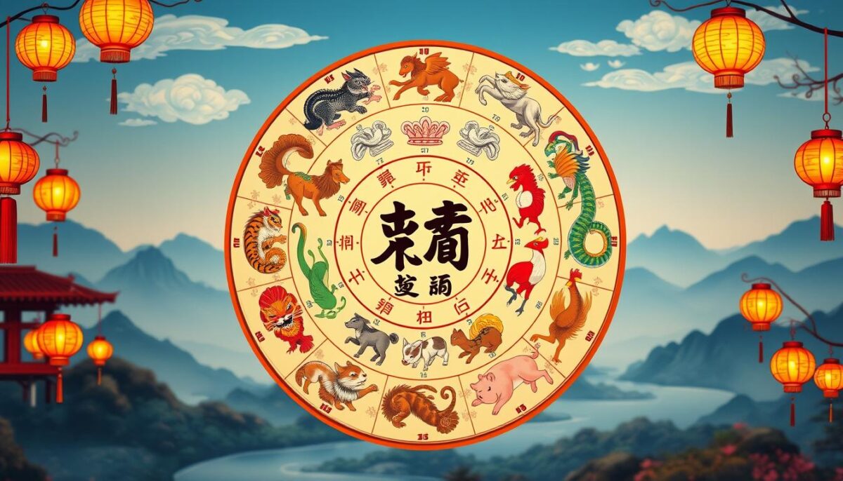 A beautifully illustrated Chinese astrological calendar, showcasing the twelve zodiac animals in a circular arrangement. In the foreground, vibrant depictions of each zodiac animal—Rat, Ox, Tiger, Rabbit, Dragon, Snake, Horse, Goat, Monkey, Rooster, Dog, and Pig—are artistically rendered with intricate details and vivid colors. The middle layer features traditional Chinese motifs, such as clouds and lotus flowers, enhancing the cultural essence. The background displays a serene landscape inspired by ancient Chinese art, with soft mountains and flowing rivers under a clear blue sky. The lighting is warm and inviting, mimicking the soft glow of lanterns, creating a sense of harmony and peace. The atmosphere is rich with cultural significance and mystique, ideal for exploring the themes of destiny and zodiac interpretation. A beautifully illustrated Chinese astrological calendar, showcasing the twelve zodiac animals in a circular arrangement. In the foreground, vibrant depictions of each zodiac animal—Rat, Ox, Tiger, Rabbit, Dragon, Snake, Horse, Goat, Monkey, Rooster, Dog, and Pig—are artistically rendered with intricate details and vivid colors. The middle layer features traditional Chinese motifs, such as clouds and lotus flowers, enhancing the cultural essence. The background displays a serene landscape inspired by ancient Chinese art, with soft mountains and flowing rivers under a clear blue sky. The lighting is warm and inviting, mimicking the soft glow of lanterns, creating a sense of harmony and peace. The atmosphere is rich with cultural significance and mystique, ideal for exploring the themes of destiny and zodiac interpretation.