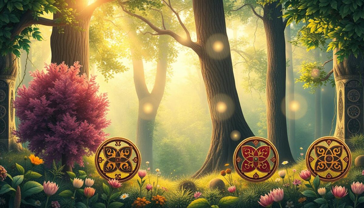A beautifully illustrated representation of the twelve signs of Celtic astrology, each symbol prominently displayed in the foreground. Surround each symbol with vibrant, lush foliage and mystical elements that reflect the unique characteristics of each sign—such as strength for the Oak, wisdom for the Willow, and creativity for the Hazel. In the middle ground, include ethereal, glowing orbs or stars that hint at astrological influences, softly illuminating the scene. The background features a serene, enchanted forest bathed in soft, dappled sunlight, creating a mystical and inviting atmosphere. Use a warm color palette to evoke feelings of connection and wonder. Emphasize intricate details in the nature surrounding each sign, ensuring the composition is balanced and harmonious.