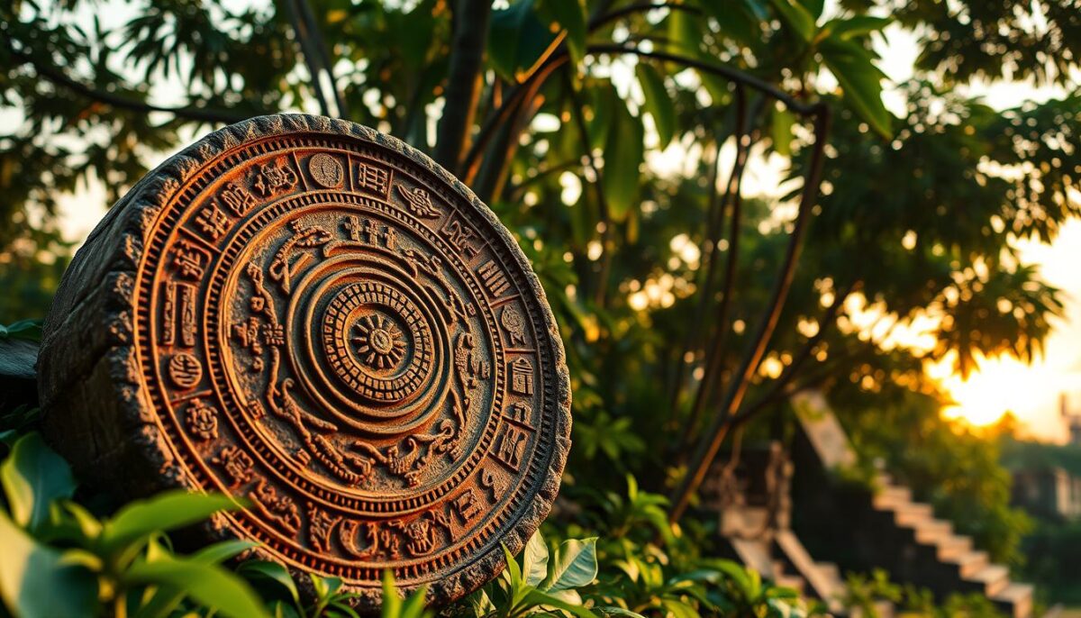 A beautifully intricate Maya calendar, vividly detailed with symbolic engravings representing solar and lunar cycles. The foreground showcases the calendar's circular stone face adorned with vibrant colors and carvings of ancient glyphs and celestial motifs. In the middle ground, lush jungle foliage surrounds the stone, with hints of ancient ruins partially visible. The background features a soft, golden sunset that casts warm light across the scene, creating a mystical atmosphere. The composition is captured at a slight angle for depth, emphasizing the textures of the stone against the greenery. The lighting highlights the intricate designs, evoking a sense of wonder and connection to the cosmos, ideal for illustrating the enigmatic nature of the Mayan astrological revelations.