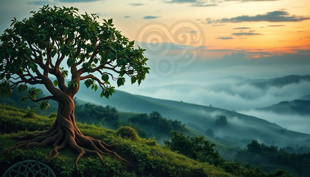 A captivating arrangement of Celtic symbols intricately woven into a lush green landscape. In the foreground, a stylized representation of the Celtic Tree of Life, its branches sprawling and intertwining, depicting strong roots and flourishing leaves. In the middle ground, various Celtic knots and spirals are artistically blended into a tapestry-like backdrop, representing interconnectedness and infinity. The background features misty hills under a twilight sky, with soft, diffused lighting enhancing the mystical atmosphere. A gentle breeze seems to sway the foliage, creating a serene and contemplative mood. The overall color palette is rich with greens, golds, and deep blues, evoking a sense of ancient wisdom and harmony with nature.