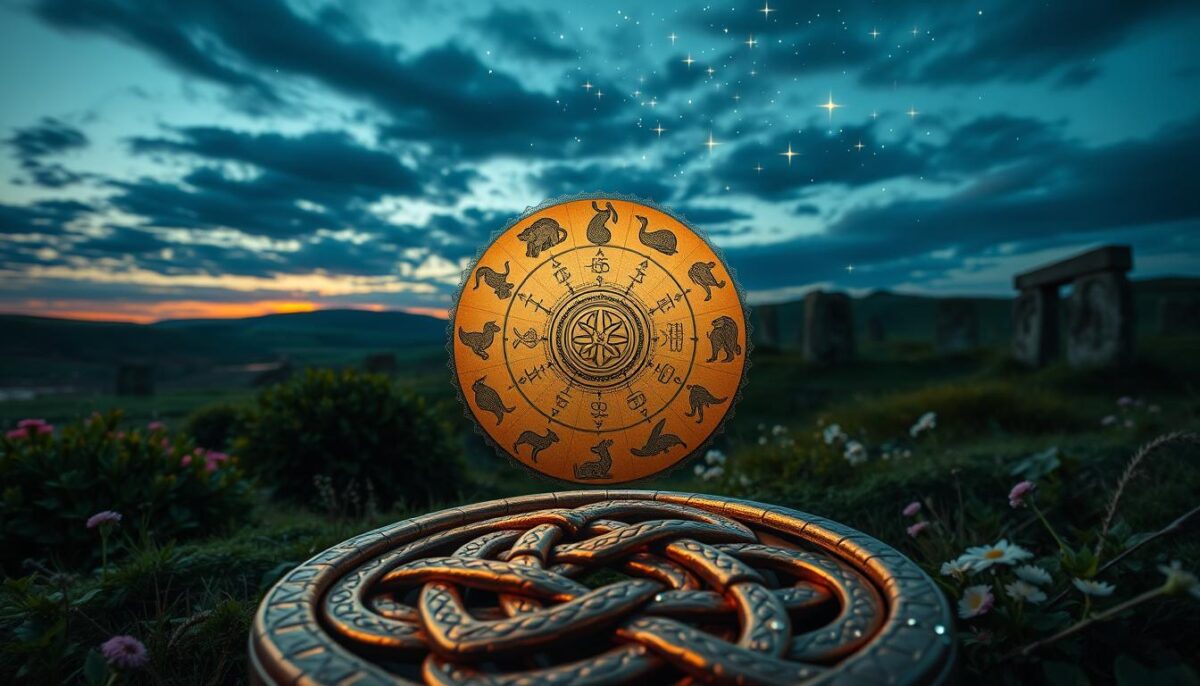 A captivating fusion of Celtic culture and astrology, featuring a detailed foreground of an intricately designed Celtic knot that symbolizes the connection of life and the cosmos. In the middle ground, a vintage astrological chart displays the twelve Celtic zodiac signs, each represented by unique, mythical creatures like the stag, otter, and hare, surrounded by lush green foliage and delicate flowers. The background is a serene landscape of rolling hills and ancient stone circles under a twilight sky, filled with shimmering stars that hint at astrological influences. Soft, ambient lighting enhances the mysterious and mystical atmosphere of the scene, evoking a sense of ancient wisdom and connection to the universe. The overall mood is enchanting and reflective, inviting contemplation of Celtic astrology.