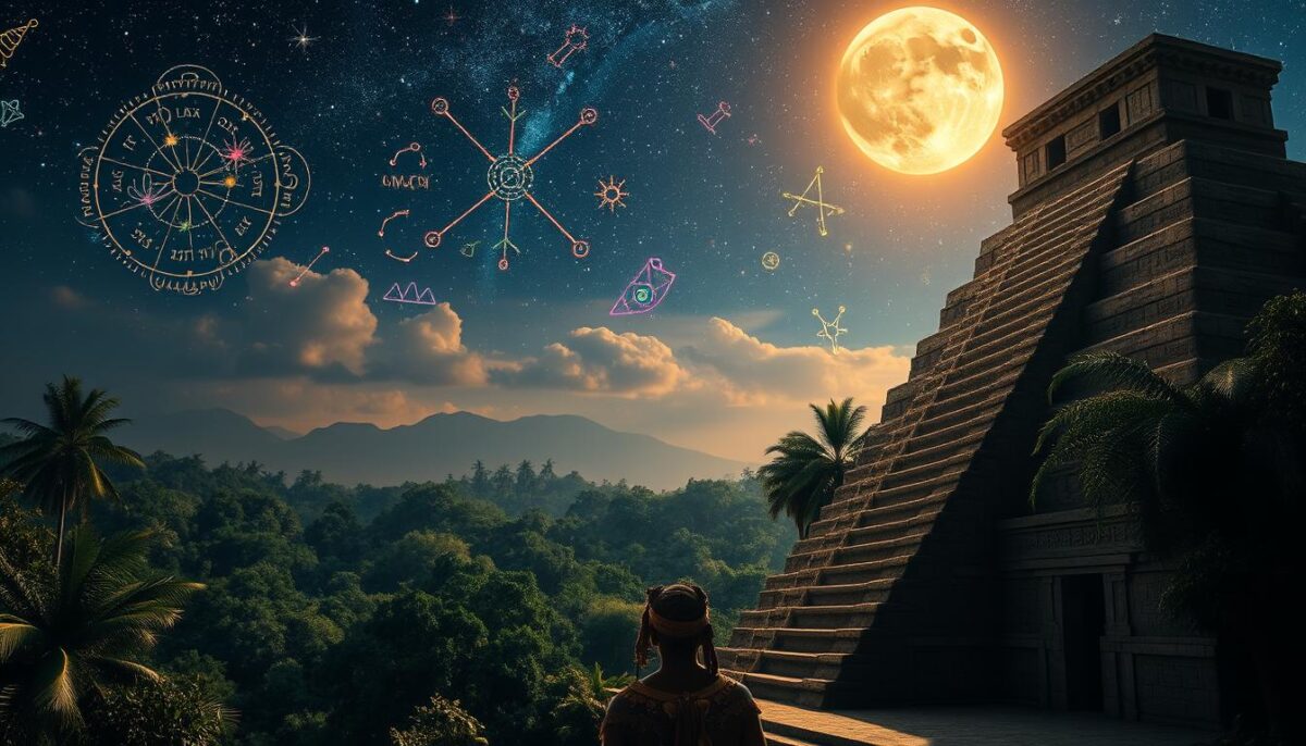 A captivating visualization of Maya mythology intertwined with astrology, featuring an ancient Maya temple in the foreground, adorned with intricate carvings of celestial bodies and mythical creatures. In the middle ground, a wise Maya priest, dressed in traditional ceremonial attire, gazes up at a starry, cosmic sky filled with vibrant constellations and astrological symbols. The background showcases a lush jungle with towering trees and distant mountains under a moonlit night, casting a serene glow. The scene is illuminated by soft, ethereal lighting, enhancing the mystical atmosphere. Use a wide-angle perspective to capture the grandeur of the temple and the cosmic expanse, evoking a sense of wonder and connection to the cosmos.