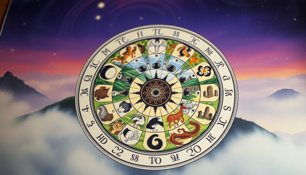 A detailed and beautifully illustrated Celtic calendar, showcasing the intricate cycles of the moon and the seasons. In the foreground, a circular calendar with twelve distinct sections, each depicting the twelve Celtic zodiac signs through symbolic imagery like animals and nature. The middle layer features lush greenery, hints of ancient stone circles, and misty landscapes representing the changing seasons. The background reveals a mystical twilight sky with swirling stars, emphasizing the connection to astrology. Soft, ethereal lighting casts a warm glow, creating an inviting and contemplative atmosphere. The angle is slightly elevated to capture the full grandeur of the calendar, inviting viewers to explore its rich symbolism without any text or markings.