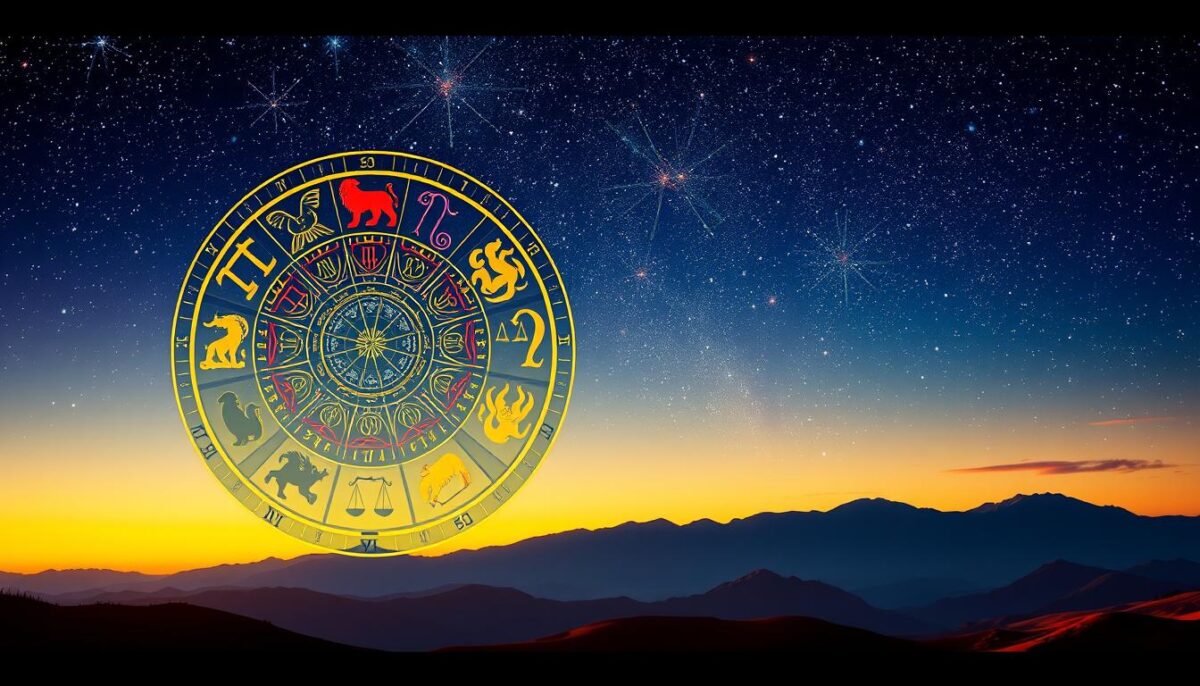 A detailed and vibrant illustration of the Tropical Zodiac, featuring the twelve zodiac signs represented by intricate symbols and depictions of their corresponding constellations. In the foreground, a colorful circular zodiac wheel brimming with astrological symbols and icons like the lion for Leo and the scales for Libra. The middle layer showcases a starry sky filled with twinkling stars and faint outlines of the zodiac constellations shining against a cosmic backdrop. In the background, a serene landscape with mountains and gentle rolling hills under a soft twilight sky, creating a sense of harmony and mystique. The lighting is warm and inviting, enhancing the celestial atmosphere. The overall mood is contemplative and enchanting, inviting viewers to explore the wonders of astrological beliefs and the Tropical Zodiac.