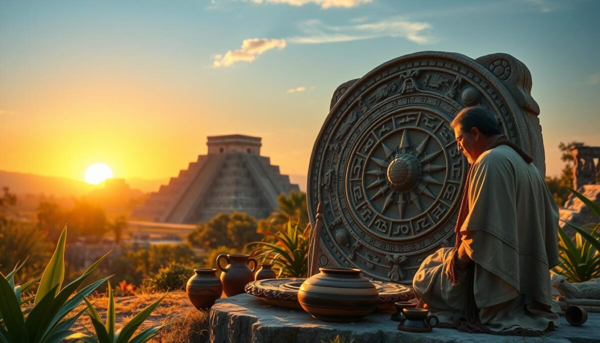 A detailed scene depicting an ancient Mayan astrological setting, showcasing a beautifully ornate stone calendar with intricate carvings and symbols representing celestial bodies. In the foreground, a knowledgeable Mayan priest, dressed in traditional garb, is studying the calendar with attention, surrounded by natural elements like vibrant tropical plants and a clear blue sky. In the middle ground, additional cultural artifacts such as ritualistic pottery and tools used for astronomical observations. The background features the silhouette of ancient Mayan pyramids against a soft sunset, casting warm golden and orange hues across the landscape. The atmosphere is serene and mystical, inviting viewers into the world of Mayan astrology. The lighting is warm and natural, emphasizing the detailed textures of the stone and the vibrant colors of the foliage.