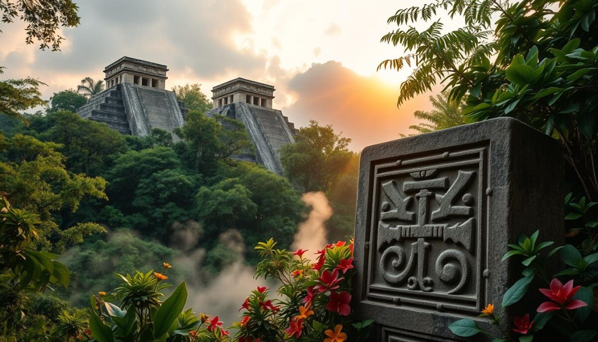 A lush Maya jungle landscape at dawn, with ancient pyramids partially covered by vibrant green foliage in the background. In the foreground, a detailed stone carving of a Maya glyph, surrounded by colorful flowers and leaves. A soft golden light filters through the trees, casting gentle shadows and highlighting the intricate details of the glyph. The scene exudes a sense of mystery and history, inviting the viewer to explore the rich culture of the Maya civilization. The atmosphere is serene, with mist rolling in from the jungle floor, creating a dreamlike quality. Shot with a wide-angle lens to capture the grandeur of the pyramids and the beauty of nature.