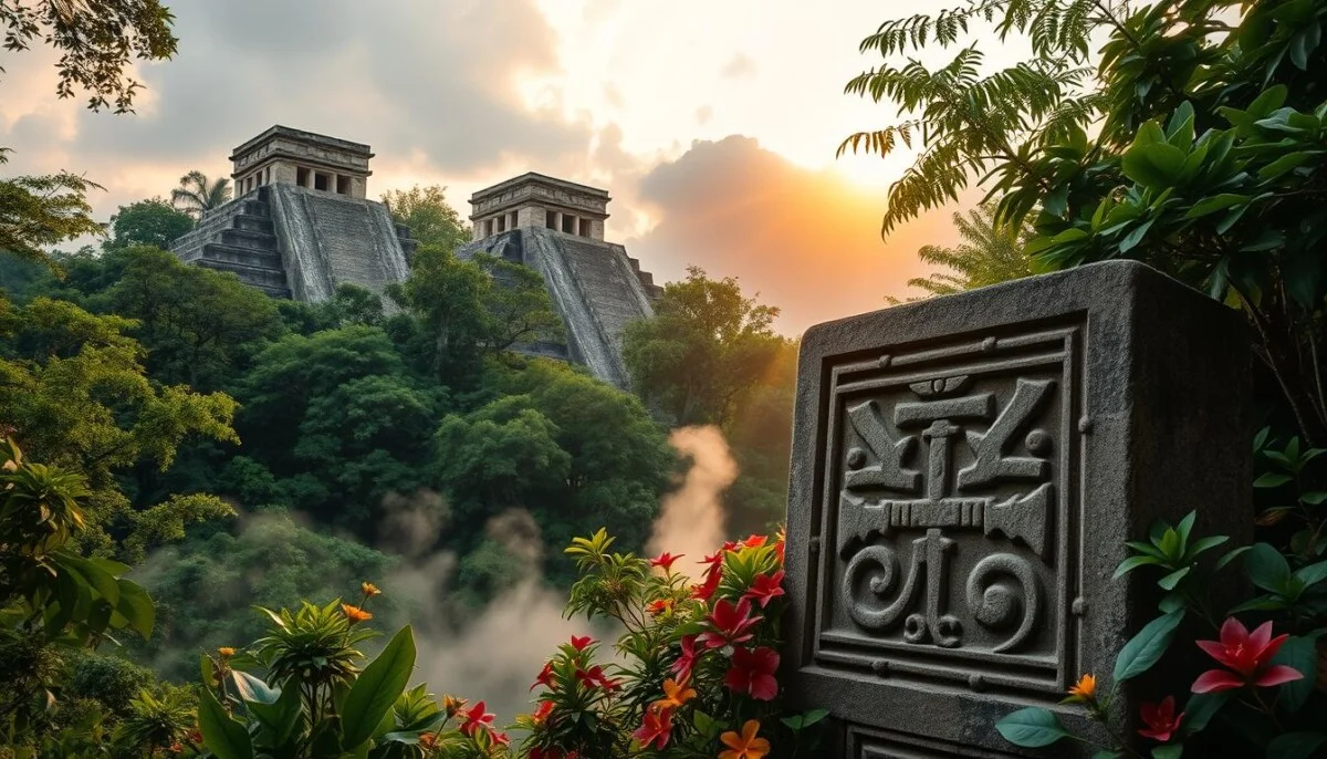 A lush Maya jungle landscape at dawn, with ancient pyramids partially covered by vibrant green foliage in the background. In the foreground, a detailed stone carving of a Maya glyph, surrounded by colorful flowers and leaves. A soft golden light filters through the trees, casting gentle shadows and highlighting the intricate details of the glyph. The scene exudes a sense of mystery and history, inviting the viewer to explore the rich culture of the Maya civilization. The atmosphere is serene, with mist rolling in from the jungle floor, creating a dreamlike quality. Shot with a wide-angle lens to capture the grandeur of the pyramids and the beauty of nature. A lush Maya jungle landscape at dawn, with ancient pyramids partially covered by vibrant green foliage in the background. In the foreground, a detailed stone carving of a Maya glyph, surrounded by colorful flowers and leaves. A soft golden light filters through the trees, casting gentle shadows and highlighting the intricate details of the glyph. The scene exudes a sense of mystery and history, inviting the viewer to explore the rich culture of the Maya civilization. The atmosphere is serene, with mist rolling in from the jungle floor, creating a dreamlike quality. Shot with a wide-angle lens to capture the grandeur of the pyramids and the beauty of nature.