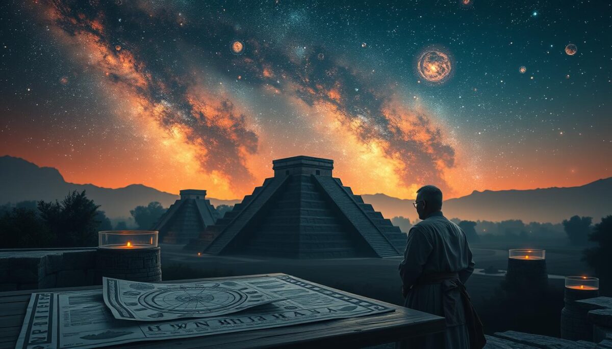 A mesmerizing depiction of "Mayan Cosmic Events," showcasing an ancient Mayan astrologer gazing at a star-filled sky, surrounded by intricate stone carvings of celestial bodies. In the foreground, the astrologer is dressed in traditional attire, meticulously observing astronomical charts laid out on a wooden table. The middle ground features towering pyramids silhouetted against the twilight sky, each adorned with glyphs representing planets and constellations. The background showcases a stunning cosmic tapestry, with vibrant nebulae and swirling galaxies illuminating the night. Soft, ethereal lighting enhances the mystical atmosphere, casting subtle shadows. Capture a sense of wonder and reverence, as if witnessing the connection between the cosmos and ancient wisdom. Use a wide-angle lens to emphasize the grandeur of the scene.