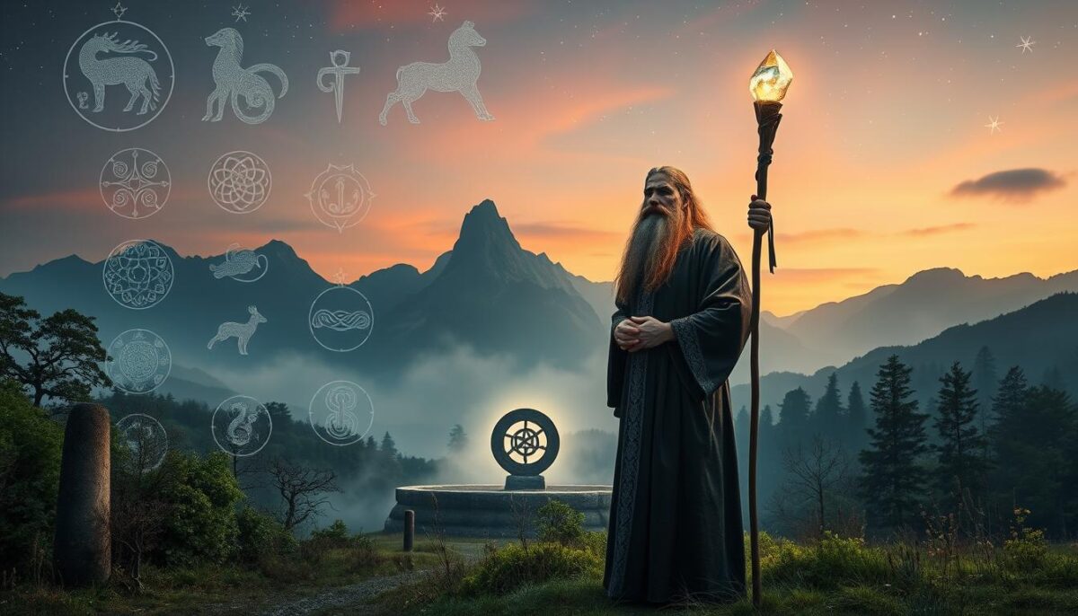 A mystical Celtic landscape filled with symbolism, featuring a lush green forest under a twilight sky. In the foreground, a wise druid stands, wearing a traditional robe adorned with intricate Celtic knots, holding a staff topped with a crystal. Around him, various symbols of Celtic astrology float, including the intricate designs of the zodiac animals and sacred trees like the oak and yew. In the middle ground, a stone circle with ancient carvings glows softly, surrounded by mist. Tall, ethereal mountains rise majestically in the background under a starry sky, suggesting a deep connection to the cosmos. The lighting is soft and magical, creating an atmosphere of wonder and reverence for ancient wisdom and the mysteries of the universe.