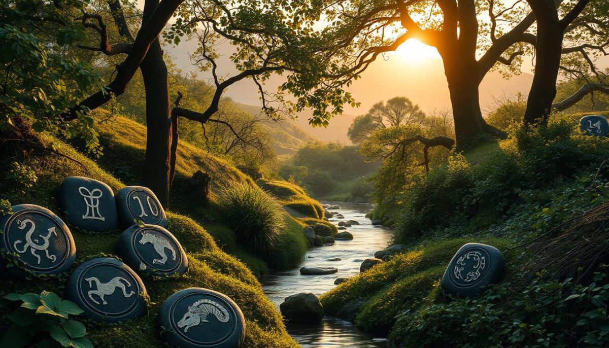 A mystical and enchanting Celtic scene showcasing the symbols of the Celtic zodiac, artistically arranged throughout the foreground. Each symbol is beautifully engraved on ancient stone tablets, surrounded by lush greenery and entwined with vines and flowers. In the middle ground, a gentle stream flows through a forest, reflecting dappled sunlight that filters through the leaves above, creating a serene and magical atmosphere. The background features misty hills and ancient trees under a soft, glowing sunset that bathes the scene in warm hues. The mood is mystical and inviting, evoking a sense of discovery and connection to nature and astrology. The image should be rich in detail, with intricate designs visible on the stone tablets and a harmonious balance of color throughout the landscape.