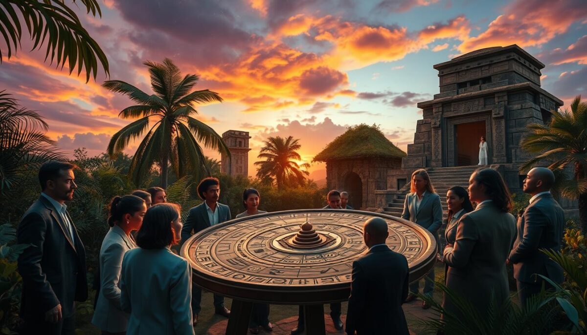 A mystical scene depicting the future of Mayan astrology. In the foreground, a diverse group of scholars in professional attire is gathered around an intricate, ancient astrological wheel, studying celestial symbols. Their expressions show curiosity and wonder. The middle ground features lush, tropical vegetation and a stone temple decorated with Mayan glyphs, softly illuminated by golden sunlight filtering through the leaves. In the background, a twilight sky rich with vibrant colors transitions from deep purples to fiery oranges, with constellations that reference ancient Mayan astronomy. The atmosphere is serene yet charged with possibility, invoking a sense of exploration into the mysteries of time and the cosmos. A wide-angle view enhances the grandeur of the scene, while soft, ambient lighting adds a touch of warmth and intrigue.