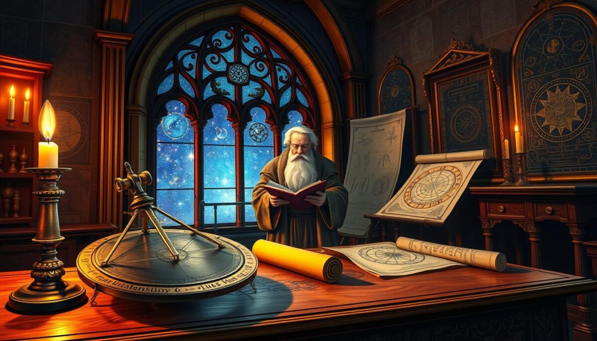 A richly illustrated scene depicting the history of Western astrology. In the foreground, an ancient astrolabe rests on an ornate wooden table, illuminated by soft candlelight, casting warm shadows. In the middle ground, a wise scholar, dressed in historical robes, studies celestial charts and scrolls, surrounded by astrological symbols like zodiac signs and constellations. The background features a starry sky visible through a large arched window, with intricate stained glass depicting celestial motifs. The atmosphere is mystical and scholarly, evoking a sense of wonder about the cosmos and human connection to the stars. The scene is captured in a slightly angled perspective, emphasizing depth and richness in detail, with a focus on warm, inviting lighting.