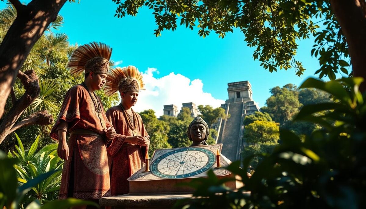 A serene Maya temple setting under a clear blue sky, with two male priests in traditional Maya attire, intricately patterned tunics with ceremonial headdresses, centered in the foreground. They stand next to a stone altar adorned with candles and sacred symbols, studying an ancient astrological chart. The middle ground features lush jungle vegetation framing the scene, enhancing its mystical atmosphere. The background reveals ancient stone carvings and pyramids, hinting at the rich Maya civilization. Soft, warm lighting filters through tree leaves, casting dappled shadows on the ground, creating an inviting yet reverent mood. The camera angle is slightly low, emphasizing the priests' concentration and the significance of their astrological studies.
