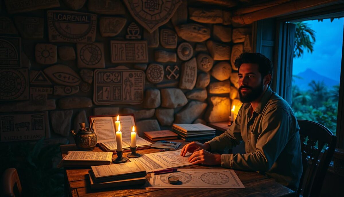 A serene and atmospheric scene depicting the study of Mayan astrology. In the foreground, a scholarly individual, dressed in modest casual clothing, is seated at a rustic wooden table cluttered with ancient texts, star charts, and astrological tools, their face illuminated by soft, warm candlelight. In the middle ground, a stone wall adorned with intricate Mayan symbols and celestial illustrations rises, creating an air of historical significance. In the background, a lush tropical landscape can be faintly seen through an open window, suggesting a connection to nature and the cosmos. The overall lighting is warm and inviting, with a hint of mystical blue from the night sky filtering in, evoking a mood of exploration and discovery.
