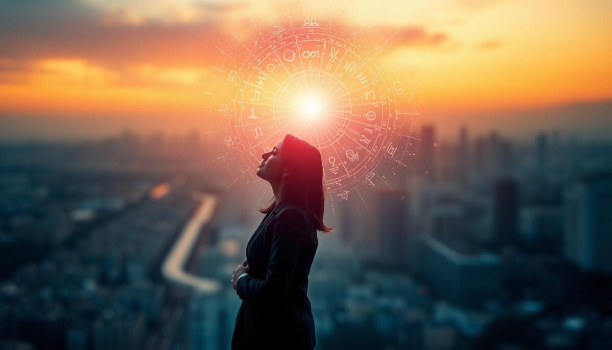 A serene and ethereal landscape representing the concept of "ascendente" and "personalidade" in astrology. The foreground features a silhouette of a woman in professional business attire, gazing thoughtfully at a radiant, multi-colored burst of stars and zodiac symbols above her head, symbolizing the influence of the ascendant on personality. In the middle ground, a gentle transition of colors in the sky evokes the dawn or twilight, reflecting the dual nature of the self. The background shows a blurred cityscape, symbolizing the modern world, bathed in soft golden light. Use a wide-angle perspective to capture the vastness, creating a harmonious and introspective mood, complemented by soft, diffused lighting that enhances the mystical atmosphere.