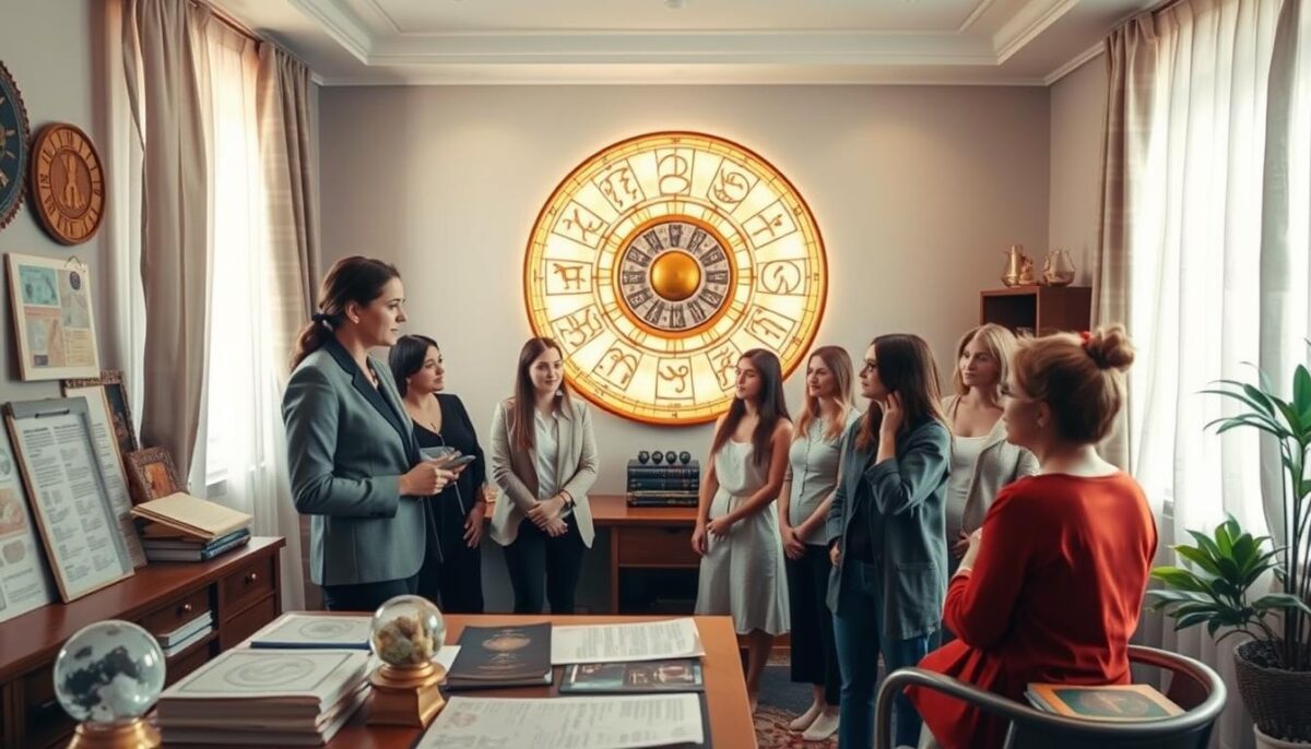 A serene and inviting room dedicated to astrology, with a well-organized desk featuring astrological charts, crystal balls, and astrological books. In the foreground, a professional individual dressed in modest business casual attire is engaged in discussion with a diverse group of people, all appearing curious and engaged. The middle layer showcases a large astrology wheel on the wall, symbolizing the twelve zodiac signs, illuminated by soft, warm light. In the background, a window with flowing curtains allows for natural light to filter in, enhancing a peaceful atmosphere. The overall mood is welcoming and informative, perfect for individuals seeking guidance from Western astrology. The camera angle is slightly elevated, capturing the room's cozy details while focusing on the interactions of the people.