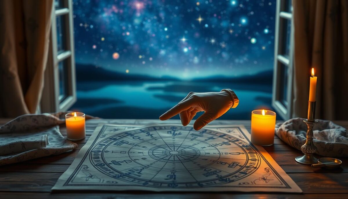 A serene and mystical astrological scene, featuring a celestial backdrop filled with vibrant constellations and shimmering stars. In the foreground, a beautifully detailed astrological chart, with intricately drawn zodiac symbols and planetary alignments, sits on a wooden table. A pair of elegantly gloved hands, wearing a modest outfit, delicately points at the chart, symbolizing thoughtful reflection and personal guidance. Soft, warm candlelight illuminates the scene, creating a mystical glow around the table. In the middle ground, soft fabrics with astrological motifs drape gently, enhancing the atmosphere. The background contains a softly blurred view of an open window looking out to a serene night sky, inviting a sense of wonder and introspection. The overall mood is contemplative and insightful, inviting the viewer to explore the depths of astrological predictions.