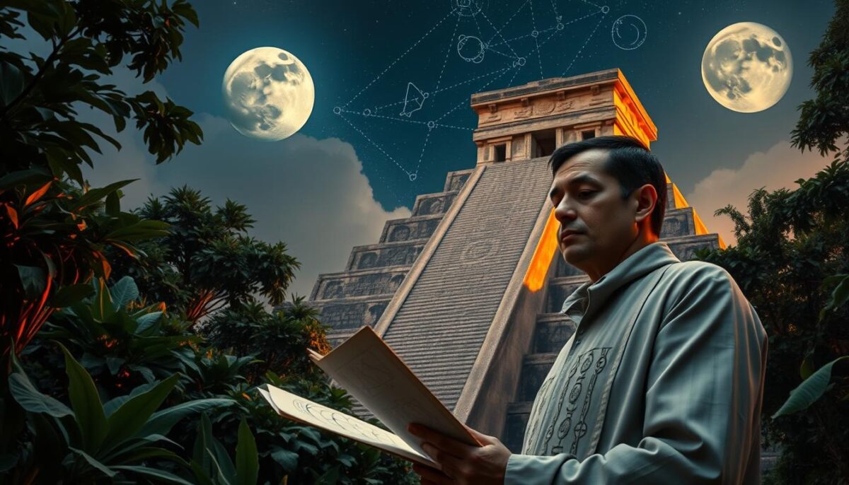 A serene and mystical depiction of Maya astrology, showcasing an ancient Mayan temple surrounded by lush jungle foliage. In the foreground, a professional-looking Maya astrologer wearing traditional, modest attire, is studying celestial charts with a thoughtful expression. The middle ground features intricate hieroglyphs carved into stone, alongside symbols of the zodiac, subtly illuminated by warm, ethereal light. In the background, a starry night sky with visible constellations creates a magical atmosphere, and a full moon casts gentle light over the scene. The overall mood conveys wisdom, a sense of connection to the universe, and the mysteries of astrology. The lens perspective is slightly angled upwards, giving a grand view of the temple against the sky.