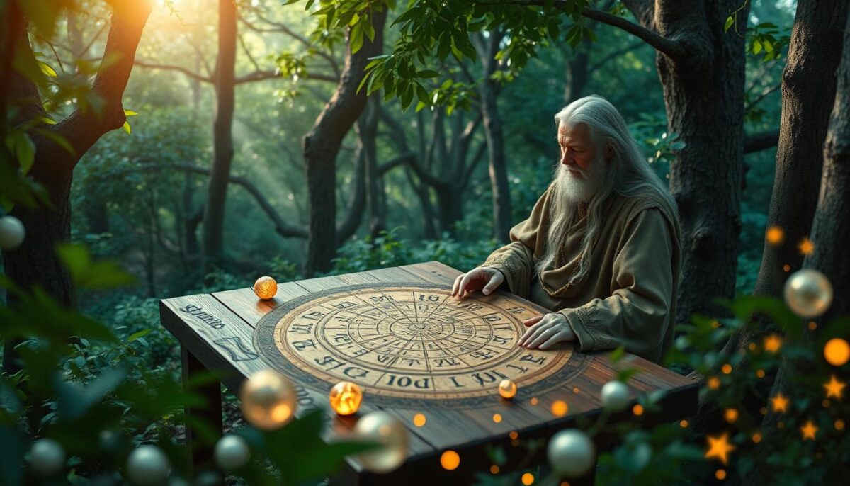 A serene and mystical scene capturing the essence of ancestral astrology, featuring a wise elder with long gray hair, dressed in flowing robes, seated in a lush forest. The elder is studying an ancient, intricate astrological chart spread out on a wooden table. Surrounding them are symbols of the zodiac represented by elegant carvings in the nearby trees. The background is filled with a soft, ethereal light filtering through the leaves, creating a magical atmosphere. The foreground includes glowing orbs representing celestial bodies, and tiny constellations twinkling around. The angle is slightly elevated, giving a sense of enlightenment and wisdom, evoking a mood of serenity and introspection. The overall color palette blends greens, blues, and golds, enhancing the feeling of a deep connection with nature and the cosmos.