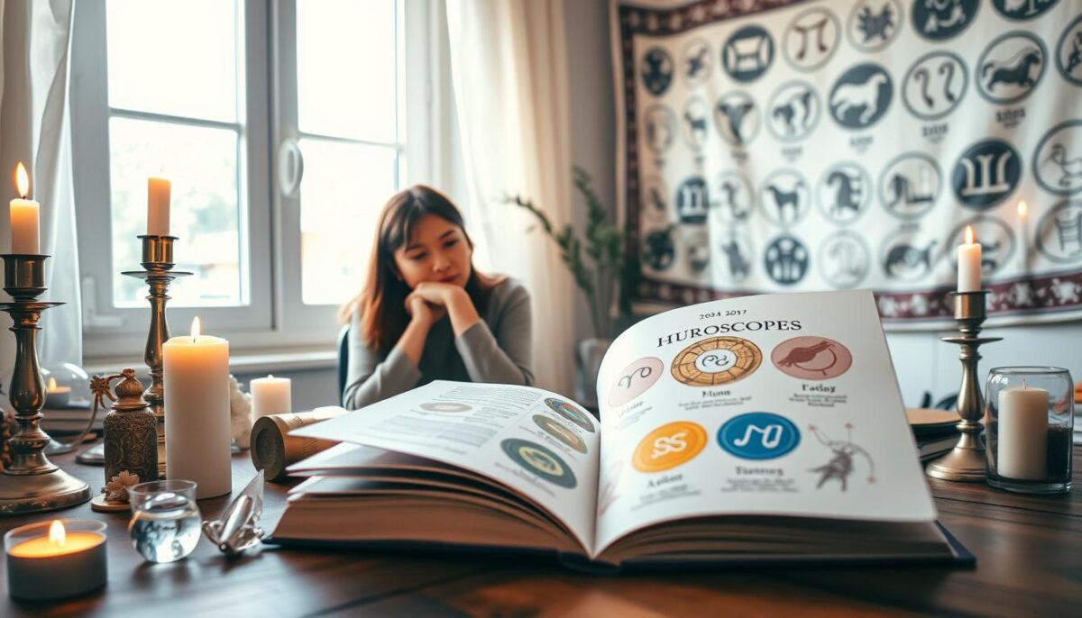A serene, beautifully arranged desk setting, featuring an open astrology book with colorful horoscopes for the day, surrounded by candles, crystals, and astrological symbols. In the foreground, a person, dressed in modest casual clothing, sits thoughtfully at the desk, studying the horoscope with a look of curiosity. The middle ground includes a window with natural light streaming in, casting soft shadows across the scene. In the background, a subtle tapestry of zodiac signs adds depth and connection to the subject of astrology. The atmosphere is tranquil and introspective, inviting viewers to reflect on the daily insights of their horoscopes. Use warm, soft lighting to enhance the peaceful mood.