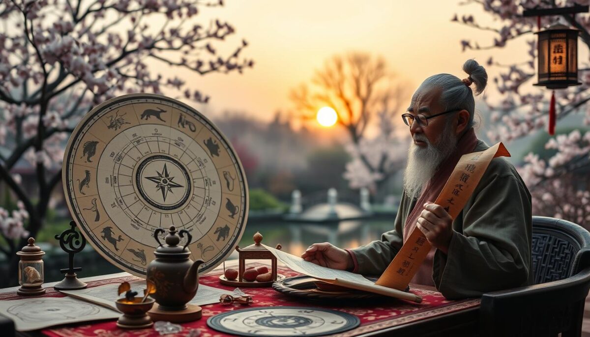 A serene, intricately designed Chinese astrology scene showcasing various methods of prediction. In the foreground, a wise-looking elderly astrologer, dressed in traditional Chinese attire, studies a large astrological chart with zodiac animals and elements. He holds a feng shui compass in one hand and a bamboo scroll in the other, depicting the I Ching symbols. In the middle ground, a table filled with astrological tools like star charts, crystals, and a teapot with steaming tea creates a harmonious atmosphere. The background features a tranquil Chinese garden, with cherry blossom trees and a small bridge over a koi pond, bathed in warm, soft lighting as the sun sets, casting a golden glow. The mood is calm and reflective, inviting viewers to explore the depth of Chinese astrology. A serene, intricately designed Chinese astrology scene showcasing various methods of prediction. In the foreground, a wise-looking elderly astrologer, dressed in traditional Chinese attire, studies a large astrological chart with zodiac animals and elements. He holds a feng shui compass in one hand and a bamboo scroll in the other, depicting the I Ching symbols. In the middle ground, a table filled with astrological tools like star charts, crystals, and a teapot with steaming tea creates a harmonious atmosphere. The background features a tranquil Chinese garden, with cherry blossom trees and a small bridge over a koi pond, bathed in warm, soft lighting as the sun sets, casting a golden glow. The mood is calm and reflective, inviting viewers to explore the depth of Chinese astrology.