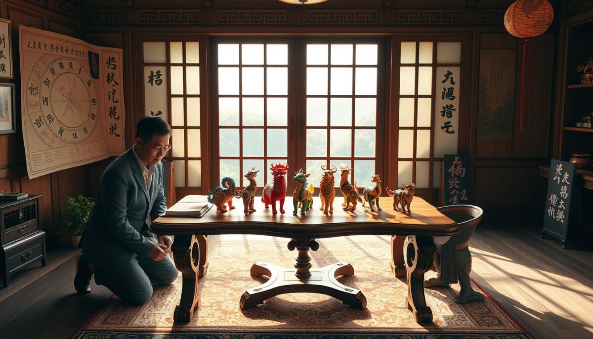 A tranquil and enlightening scene depicting a serene workspace focused on Chinese astrology. In the foreground, a modestly dressed Asian practitioner, a man in professional business attire, is kneeling beside a beautifully crafted wooden table adorned with ancient Chinese astrology charts and zodiac symbols. In the middle, vibrant and intricately designed zodiac animal figurines representing the twelve signs are displayed, creating a colorful contrast against the natural wood. In the background, a softly lit window reveals a lush landscape, symbolizing harmony and balance. The warm, inviting lighting casts gentle shadows, evoking a sense of calm and understanding. The overall atmosphere is one of discovery and clarity, encouraging viewers to embrace the wisdom of Chinese astrology. A tranquil and enlightening scene depicting a serene workspace focused on Chinese astrology. In the foreground, a modestly dressed Asian practitioner, a man in professional business attire, is kneeling beside a beautifully crafted wooden table adorned with ancient Chinese astrology charts and zodiac symbols. In the middle, vibrant and intricately designed zodiac animal figurines representing the twelve signs are displayed, creating a colorful contrast against the natural wood. In the background, a softly lit window reveals a lush landscape, symbolizing harmony and balance. The warm, inviting lighting casts gentle shadows, evoking a sense of calm and understanding. The overall atmosphere is one of discovery and clarity, encouraging viewers to embrace the wisdom of Chinese astrology.