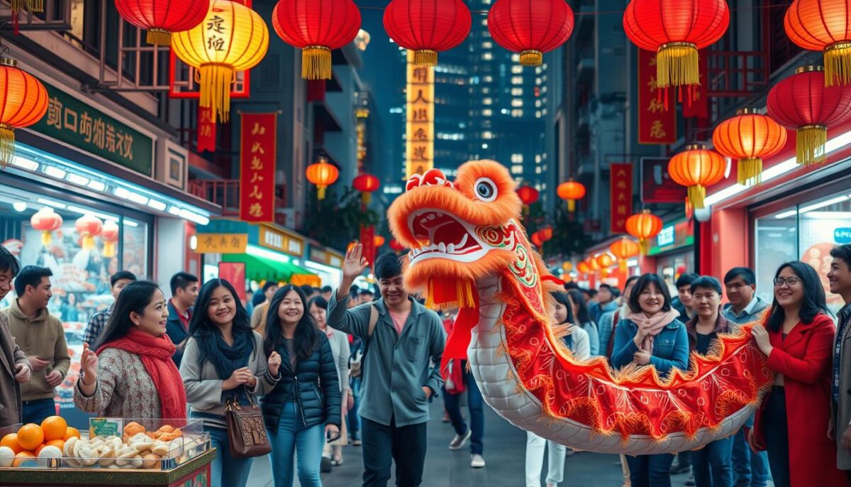 A vibrant and festive scene capturing the essence of the Chinese New Year, featuring a bustling street filled with colorful decorations, lanterns, and traditional red banners. In the foreground, a group of diverse people in modest casual clothing is joyfully participating in a dragon dance, showcasing their cultural pride. The middle ground includes a beautifully adorned food stall offering dumplings, oranges, and other festive treats, while onlookers share smiles and laughter. The background is filled with towering buildings illuminated by soft lantern light, creating a warm and inviting atmosphere. The image should be bright and cheerful, conveying a sense of celebration and community, with a slightly elevated perspective to encompass the lively street scene. Soft, warm lighting enhances the joyous spirit of the event. A vibrant and festive scene capturing the essence of the Chinese New Year, featuring a bustling street filled with colorful decorations, lanterns, and traditional red banners. In the foreground, a group of diverse people in modest casual clothing is joyfully participating in a dragon dance, showcasing their cultural pride. The middle ground includes a beautifully adorned food stall offering dumplings, oranges, and other festive treats, while onlookers share smiles and laughter. The background is filled with towering buildings illuminated by soft lantern light, creating a warm and inviting atmosphere. The image should be bright and cheerful, conveying a sense of celebration and community, with a slightly elevated perspective to encompass the lively street scene. Soft, warm lighting enhances the joyous spirit of the event.