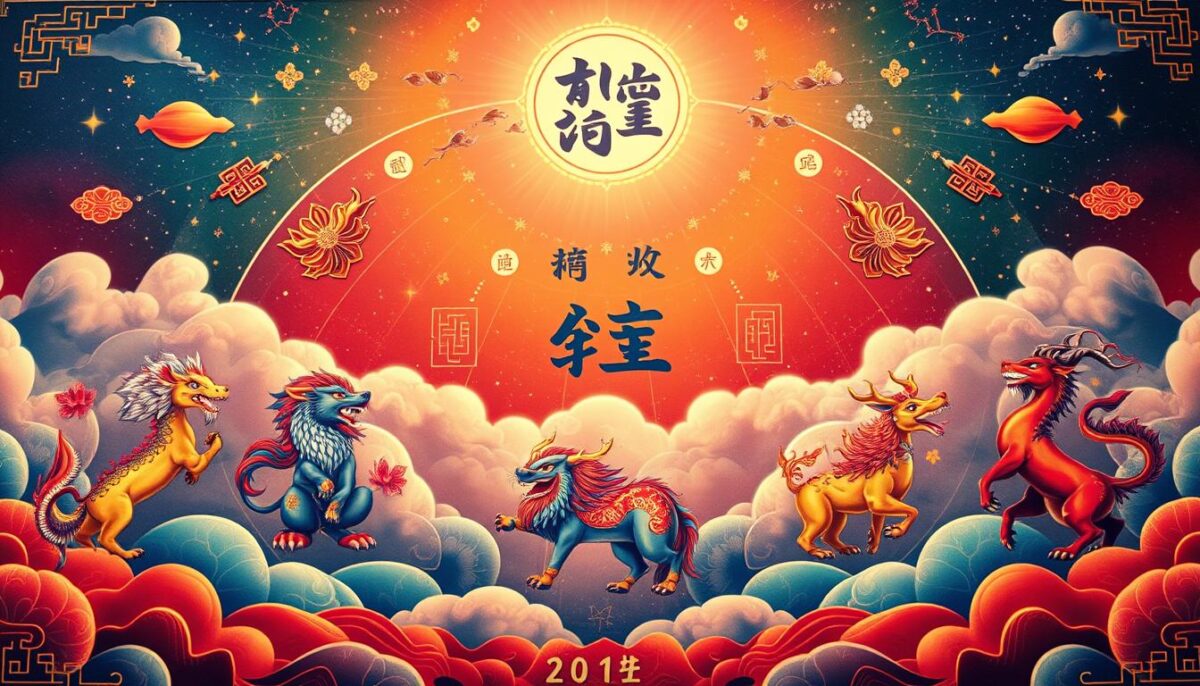 A vibrant and intricate representation of a Chinese astral map, showcasing the twelve zodiac animals and their corresponding elements, prominently displayed in the foreground. Each zodiac sign is artistically rendered, adorned with traditional Chinese motifs and symbols. The middle ground features a celestial background with stars, constellations, and ethereal clouds in soft, warm hues, creating a mystical atmosphere. A gentle, diffused light bathes the scene, enhancing the richness of the colors and lending a sense of harmony. The angle captures the opulence of the design, inviting viewers to explore the complex interplay of astrology and destiny. Bright, soothing colors contribute to a serene and insightful mood, perfect for illustrating the concept of Chinese astrology. A vibrant and intricate representation of a Chinese astral map, showcasing the twelve zodiac animals and their corresponding elements, prominently displayed in the foreground. Each zodiac sign is artistically rendered, adorned with traditional Chinese motifs and symbols. The middle ground features a celestial background with stars, constellations, and ethereal clouds in soft, warm hues, creating a mystical atmosphere. A gentle, diffused light bathes the scene, enhancing the richness of the colors and lending a sense of harmony. The angle captures the opulence of the design, inviting viewers to explore the complex interplay of astrology and destiny. Bright, soothing colors contribute to a serene and insightful mood, perfect for illustrating the concept of Chinese astrology.
