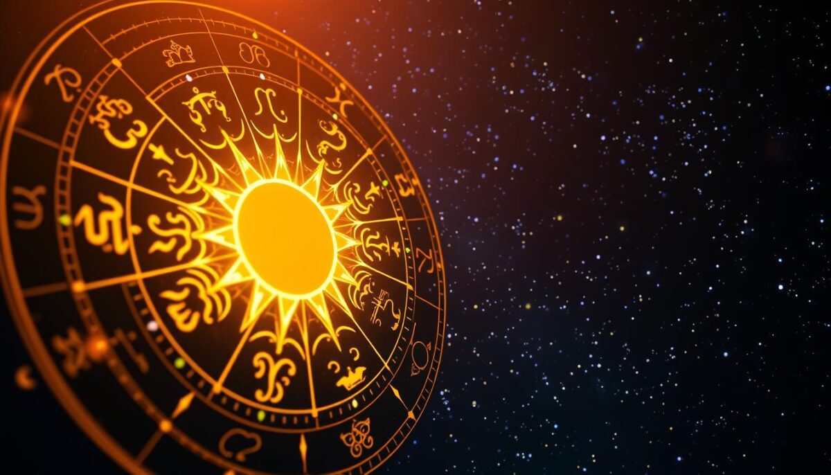 A vibrant and mystical scene capturing the essence of Western astrology and solar signs. In the foreground, a circular astrological chart adorned with symbols of each zodiac sign, intricately designed with luminous celestial motifs. The middle ground features a glowing sun, radiating golden rays that illuminate the zodiac symbols, creating an ethereal glow. In the background, a starry night sky dotted with twinkling stars and constellations, providing depth and a cosmic atmosphere. Soft, diffused lighting enhances the magical feel of the image. The mood is one of wonder and curiosity, inviting the viewer to explore the mysteries of astrology. The perspective is slightly angled, adding a dynamic touch to the composition, with no text or overlays present.