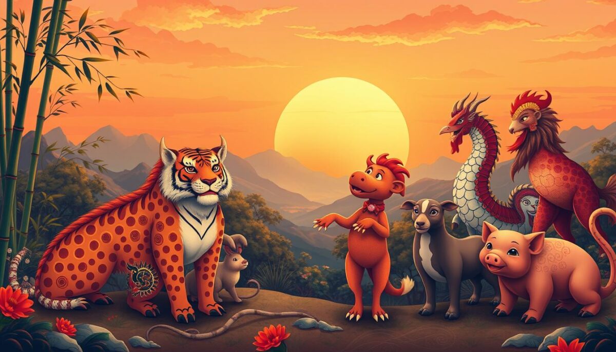 A vibrant, illustrated representation of the Chinese zodiac signs, featuring all twelve animal symbols: Rat, Ox, Tiger, Rabbit, Dragon, Snake, Horse, Goat, Monkey, Rooster, Dog, and Pig. In the foreground, each animal is artistically detailed and adorned with traditional Chinese motifs, such as intricate patterns and colors. The middle ground showcases a serene and beautifully crafted landscape that reflects elements of Chinese culture, like bamboo groves and mountains. The background includes a softly lit sunset, casting warm tones across the scene, evoking a sense of harmony and connection to nature. The overall atmosphere should feel mystical yet inviting, perfect for an exploration of Chinese astrology. A vibrant, illustrated representation of the Chinese zodiac signs, featuring all twelve animal symbols: Rat, Ox, Tiger, Rabbit, Dragon, Snake, Horse, Goat, Monkey, Rooster, Dog, and Pig. In the foreground, each animal is artistically detailed and adorned with traditional Chinese motifs, such as intricate patterns and colors. The middle ground showcases a serene and beautifully crafted landscape that reflects elements of Chinese culture, like bamboo groves and mountains. The background includes a softly lit sunset, casting warm tones across the scene, evoking a sense of harmony and connection to nature. The overall atmosphere should feel mystical yet inviting, perfect for an exploration of Chinese astrology.