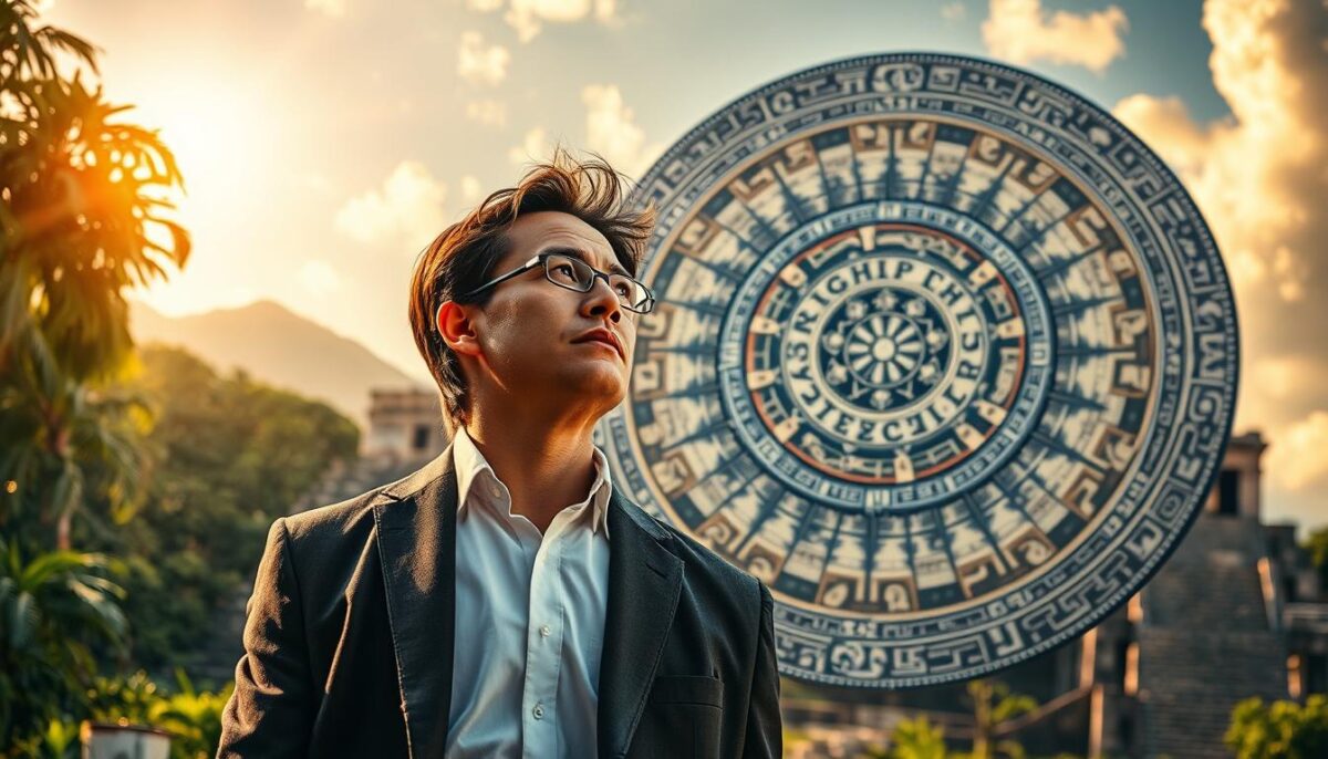 A vibrant, mystical scene representing Maya astrology's influence in modern life. In the foreground, depict a person dressed in professional attire, gazing thoughtfully at a large, intricate Mayan calendar. Their expression reflects curiosity and insight. In the middle, include cosmic elements such as constellations and celestial bodies, blending seamlessly with ancient Mayan symbols and glyphs. The background showcases lush jungles and ancient ruins, bathed in warm, golden sunlight, symbolizing the harmony between nature and knowledge. Use a wide-angle lens effect to capture the expansive atmosphere, creating a sense of depth. The mood should be serene yet contemplative, inviting viewers to explore the ancient wisdom of Maya astrology as it resonates today.