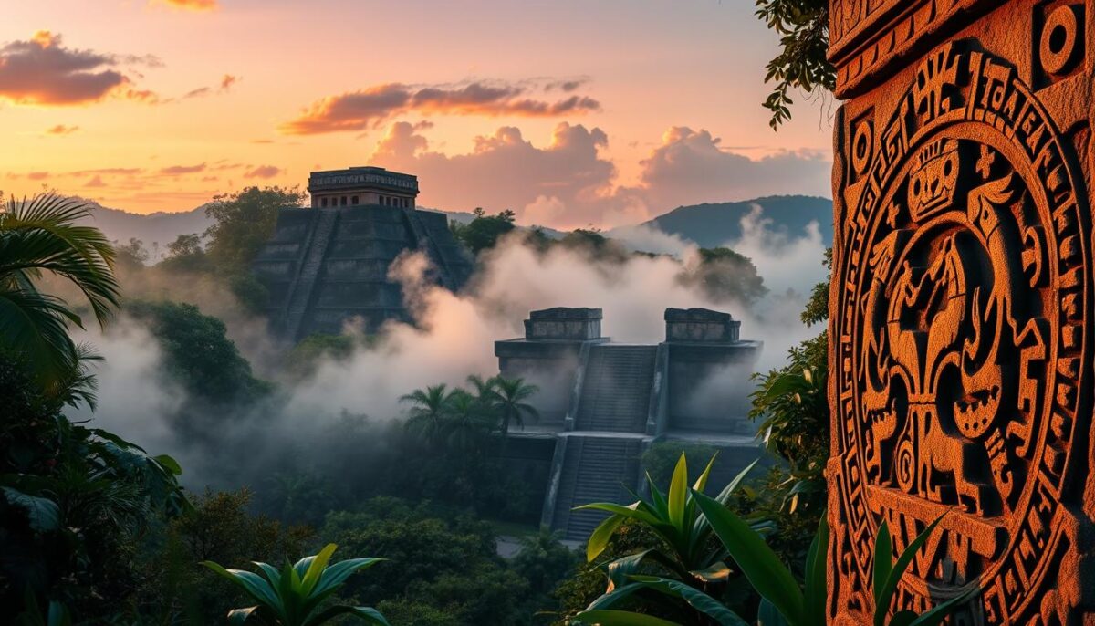 A vibrant representation of Maya symbolism, featuring intricate carvings and designs of glyphs, animals, and celestial elements in the foreground. In the middle ground, include elements like stylized depictions of the sun, moon, and stars, surrounded by lush jungle flora to create a natural atmosphere. The background should showcase ancient Maya ruins, partially shrouded in mist, with a twilight sky casting an ethereal glow. Soft, warm lighting highlights the details of the glyphs, creating a mystical ambiance. The image should evoke a sense of wonder and exploration, inviting viewers to delve into the mysteries of Maya astrology. Use a wide-angle perspective to capture the expansive scene, ensuring all elements harmoniously blend together.