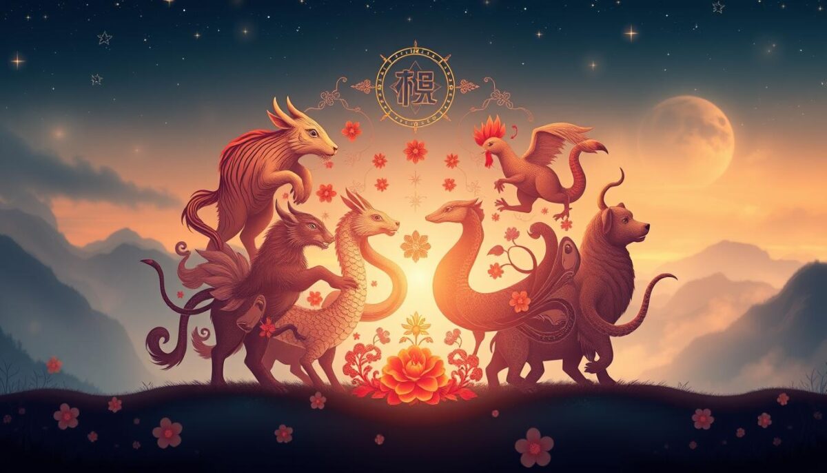 A visually striking illustration depicting the concept of "compatibilidade de signos" in Chinese astrology. In the foreground, feature a detailed arrangement of the twelve Chinese zodiac animals: Rat, Ox, Tiger, Rabbit, Dragon, Snake, Horse, Goat, Monkey, Rooster, Dog, and Pig, each symbolically intertwined to represent their compatibility. In the middle ground, include harmonious elements like flowers and celestial motifs to signify balance and connection between the signs. The background should feature a soft, ethereal blend of twilight colors—shades of deep blue and gold—to create a mystical atmosphere. The scene is illuminated by gentle light, casting delicate shadows to enhance depth. The overall mood should evoke curiosity and wonder, making it ideal for an article about astrology. A visually striking illustration depicting the concept of "compatibilidade de signos" in Chinese astrology. In the foreground, feature a detailed arrangement of the twelve Chinese zodiac animals: Rat, Ox, Tiger, Rabbit, Dragon, Snake, Horse, Goat, Monkey, Rooster, Dog, and Pig, each symbolically intertwined to represent their compatibility. In the middle ground, include harmonious elements like flowers and celestial motifs to signify balance and connection between the signs. The background should feature a soft, ethereal blend of twilight colors—shades of deep blue and gold—to create a mystical atmosphere. The scene is illuminated by gentle light, casting delicate shadows to enhance depth. The overall mood should evoke curiosity and wonder, making it ideal for an article about astrology.