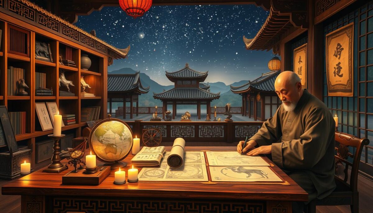 An ancient Chinese astrological scene depicting the rich history of Chinese astrology, featuring a traditional scholar in modest attire, writing on bamboo scrolls surrounded by classic astrological symbols like the twelve zodiac animals. In the foreground, a wooden table with intricate carvings, surrounded by celestial artifacts such as a globe, ancient books, and a Chinese compass, illuminated by soft candlelight. The middle background showcases an ornate wooden bookshelf filled with scrolls and astrological diagrams, while the distant background features traditional Chinese architecture under a serene night sky filled with stars. The atmosphere is contemplative and mystical, inviting the viewer to explore the depths of Chinese astrology's historical significance. The image should be vibrant yet understated, capturing the essence of ancient wisdom and culture. An ancient Chinese astrological scene depicting the rich history of Chinese astrology, featuring a traditional scholar in modest attire, writing on bamboo scrolls surrounded by classic astrological symbols like the twelve zodiac animals. In the foreground, a wooden table with intricate carvings, surrounded by celestial artifacts such as a globe, ancient books, and a Chinese compass, illuminated by soft candlelight. The middle background showcases an ornate wooden bookshelf filled with scrolls and astrological diagrams, while the distant background features traditional Chinese architecture under a serene night sky filled with stars. The atmosphere is contemplative and mystical, inviting the viewer to explore the depths of Chinese astrology's historical significance. The image should be vibrant yet understated, capturing the essence of ancient wisdom and culture.